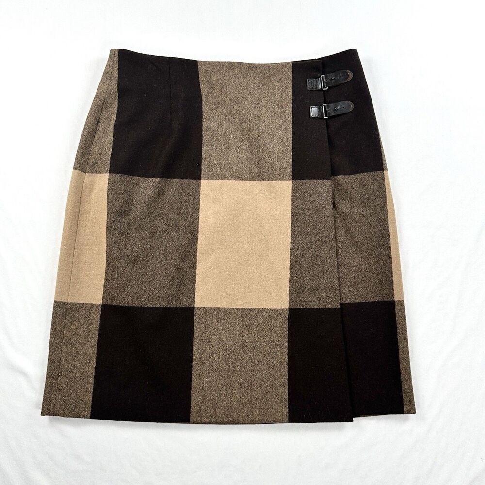 Eddie Bauer Wool Wrap Skirt Womens 12 Brown Plaid Buckle Preppy Academia VTG
